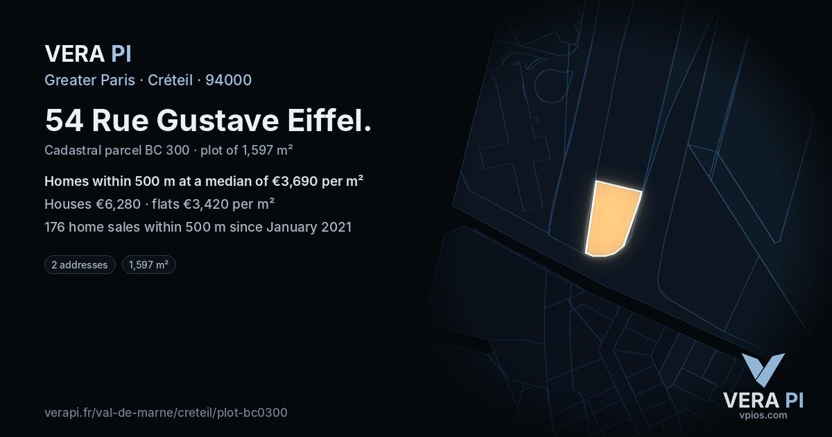 54 Rue Gustave Eiffel, Créteil at night – the plot lit, the parcels around coloured by the prices near them