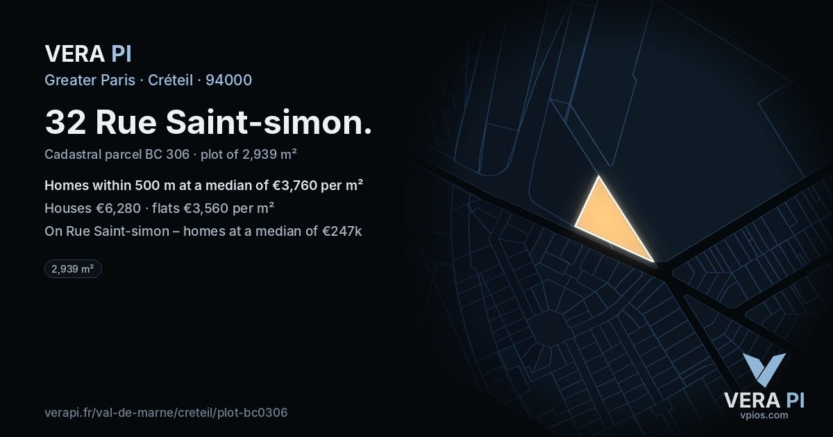 32 Rue Saint-simon, Créteil at night – the plot lit, the parcels around coloured by the prices near them