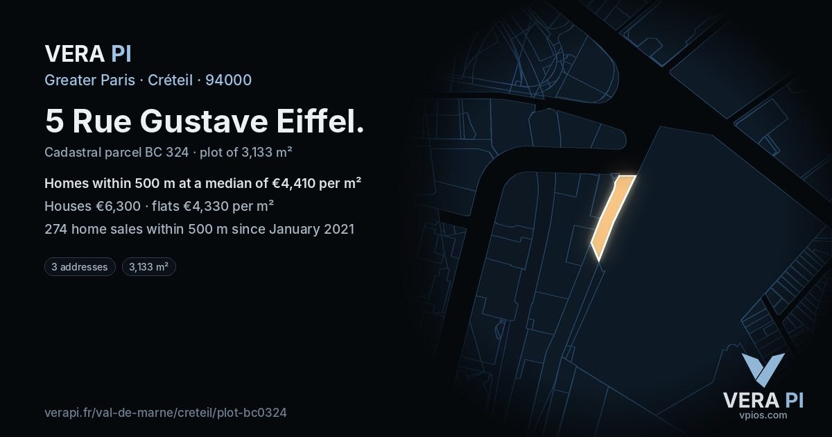 5 Rue Gustave Eiffel, Créteil at night – the plot lit, the parcels around coloured by the prices near them