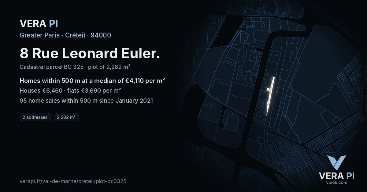 8 Rue Leonard Euler, Créteil at night – the plot lit, the parcels around coloured by the prices near them