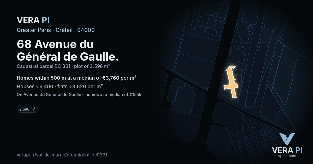 68 Avenue du Général de Gaulle, Créteil at night – the plot lit, the parcels around coloured by the prices near them