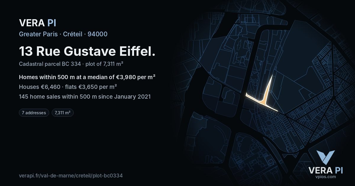 13 Rue Gustave Eiffel, Créteil at night – the plot lit, the parcels around coloured by the prices near them