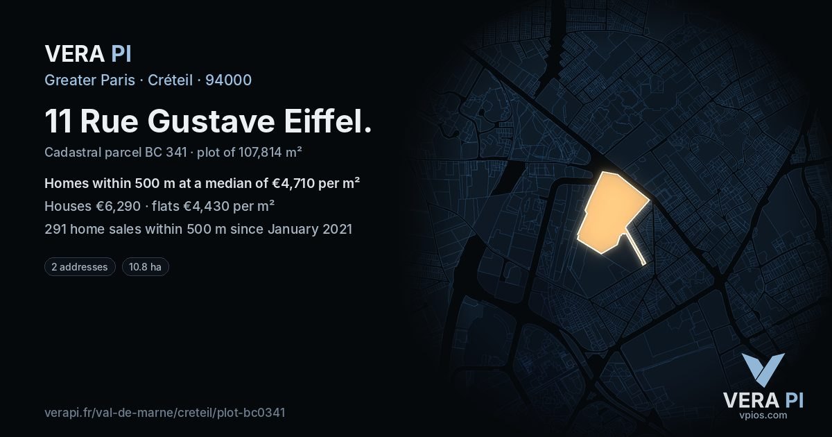 11 Rue Gustave Eiffel, Créteil at night – the plot lit, the parcels around coloured by the prices near them
