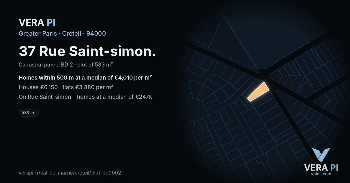 37 Rue Saint-simon, Créteil at night – the plot lit, the parcels around coloured by the prices near them