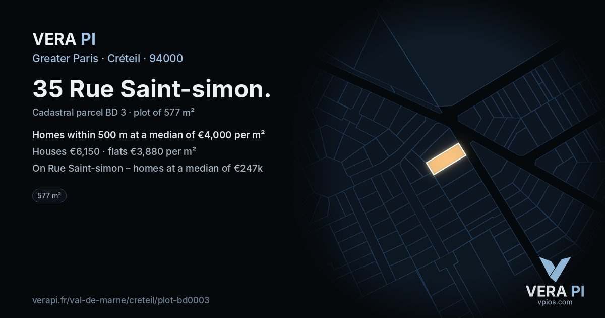 35 Rue Saint-simon, Créteil at night – the plot lit, the parcels around coloured by the prices near them