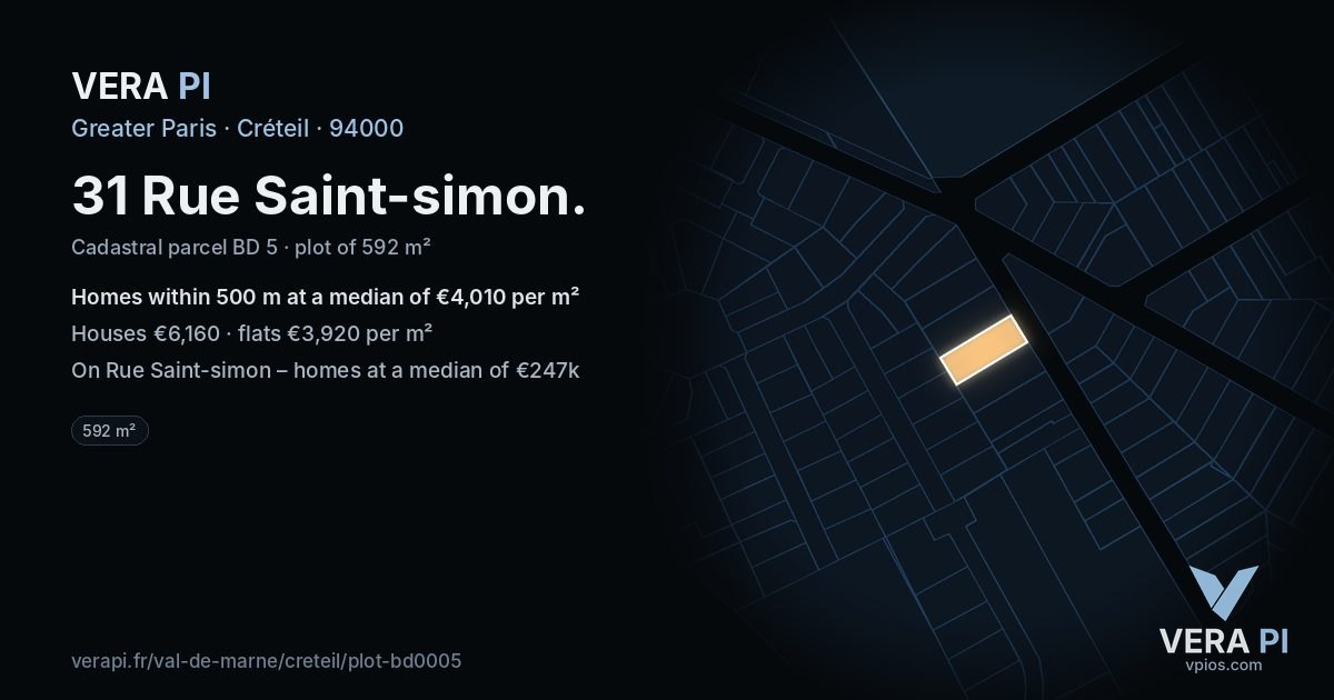 31 Rue Saint-simon, Créteil at night – the plot lit, the parcels around coloured by the prices near them