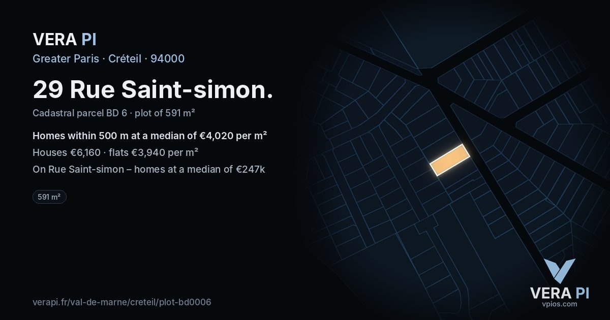 29 Rue Saint-simon, Créteil at night – the plot lit, the parcels around coloured by the prices near them