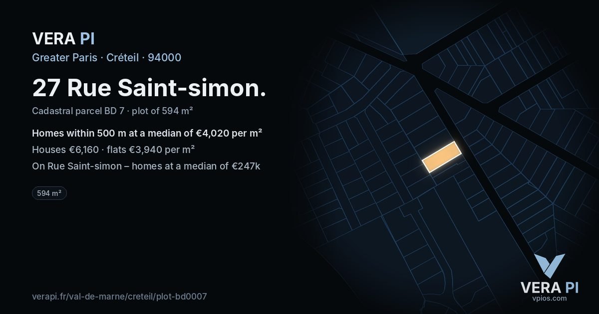 27 Rue Saint-simon, Créteil at night – the plot lit, the parcels around coloured by the prices near them