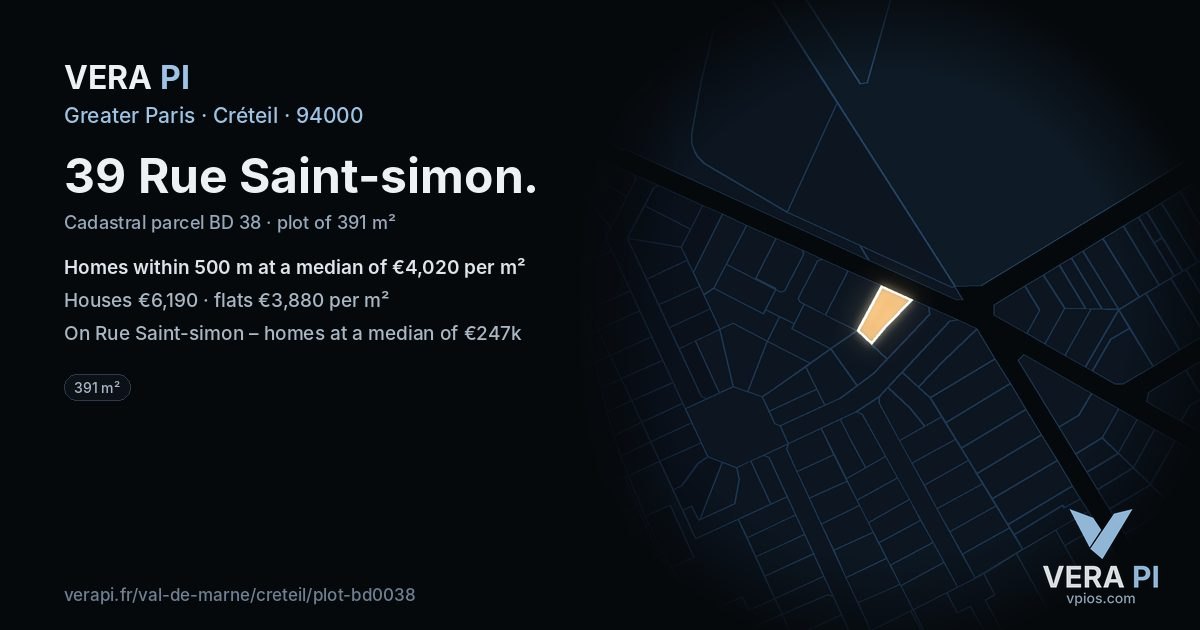 39 Rue Saint-simon, Créteil at night – the plot lit, the parcels around coloured by the prices near them