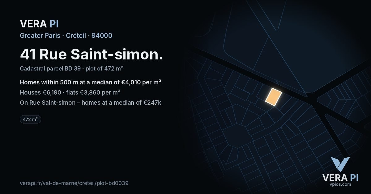 41 Rue Saint-simon, Créteil at night – the plot lit, the parcels around coloured by the prices near them