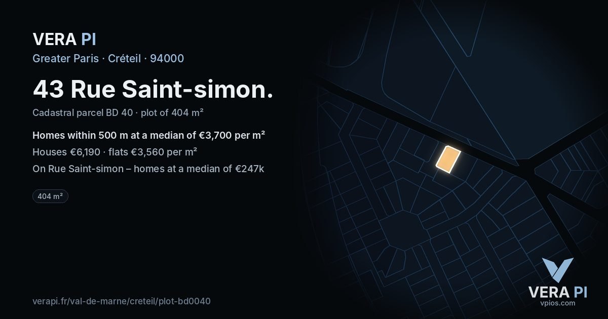 43 Rue Saint-simon, Créteil at night – the plot lit, the parcels around coloured by the prices near them