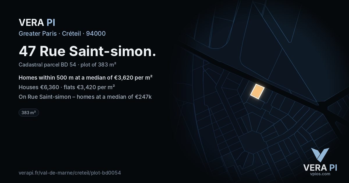 47 Rue Saint-simon, Créteil at night – the plot lit, the parcels around coloured by the prices near them