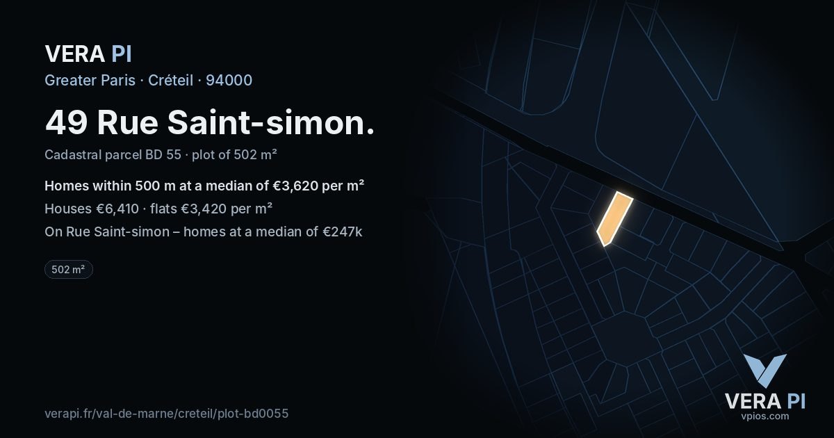 49 Rue Saint-simon, Créteil at night – the plot lit, the parcels around coloured by the prices near them