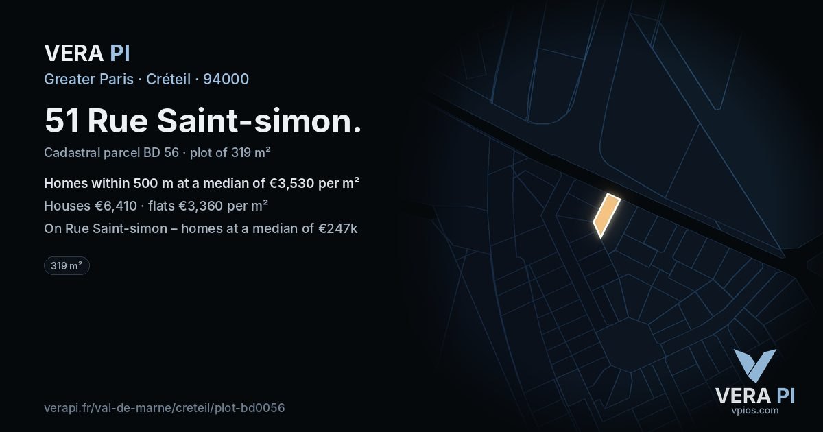51 Rue Saint-simon, Créteil at night – the plot lit, the parcels around coloured by the prices near them