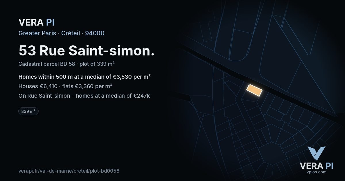 53 Rue Saint-simon, Créteil at night – the plot lit, the parcels around coloured by the prices near them