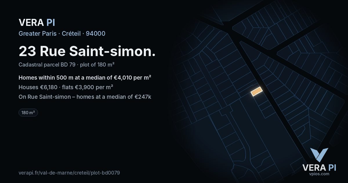 23 Rue Saint-simon, Créteil at night – the plot lit, the parcels around coloured by the prices near them