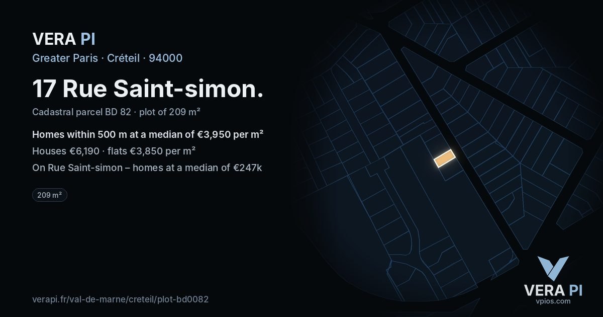 17 Rue Saint-simon, Créteil at night – the plot lit, the parcels around coloured by the prices near them