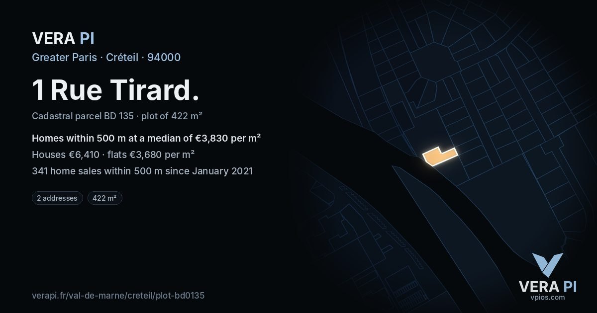 1 Rue Tirard, Créteil at night – the plot lit, the parcels around coloured by the prices near them