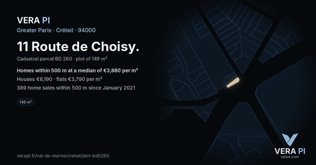 11 Route de Choisy, Créteil at night – the plot lit, the parcels around coloured by the prices near them