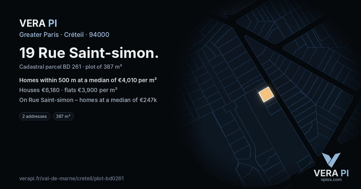 19 Rue Saint-simon, Créteil at night – the plot lit, the parcels around coloured by the prices near them
