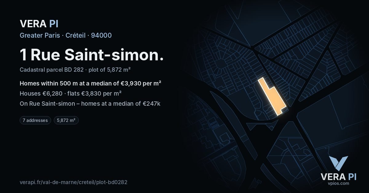 1 Rue Saint-simon, Créteil at night – the plot lit, the parcels around coloured by the prices near them