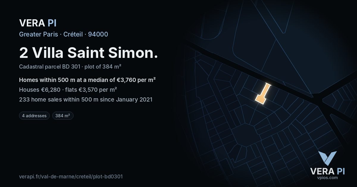2 Villa Saint Simon, Créteil at night – the plot lit, the parcels around coloured by the prices near them