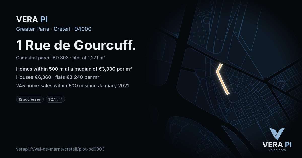 1 Rue de Gourcuff, Créteil at night – the plot lit, the parcels around coloured by the prices near them