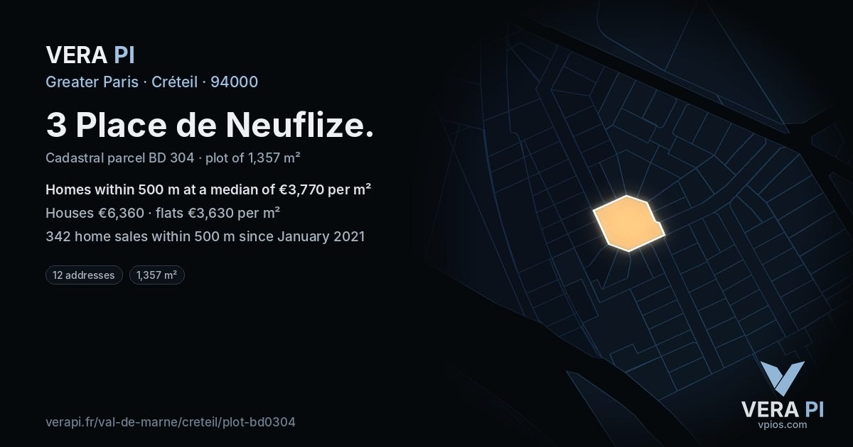 3 Place de Neuflize, Créteil at night – the plot lit, the parcels around coloured by the prices near them