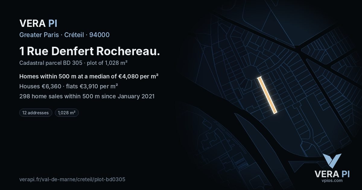 1 Rue Denfert Rochereau, Créteil at night – the plot lit, the parcels around coloured by the prices near them