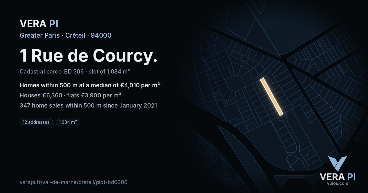 1 Rue de Courcy, Créteil at night – the plot lit, the parcels around coloured by the prices near them