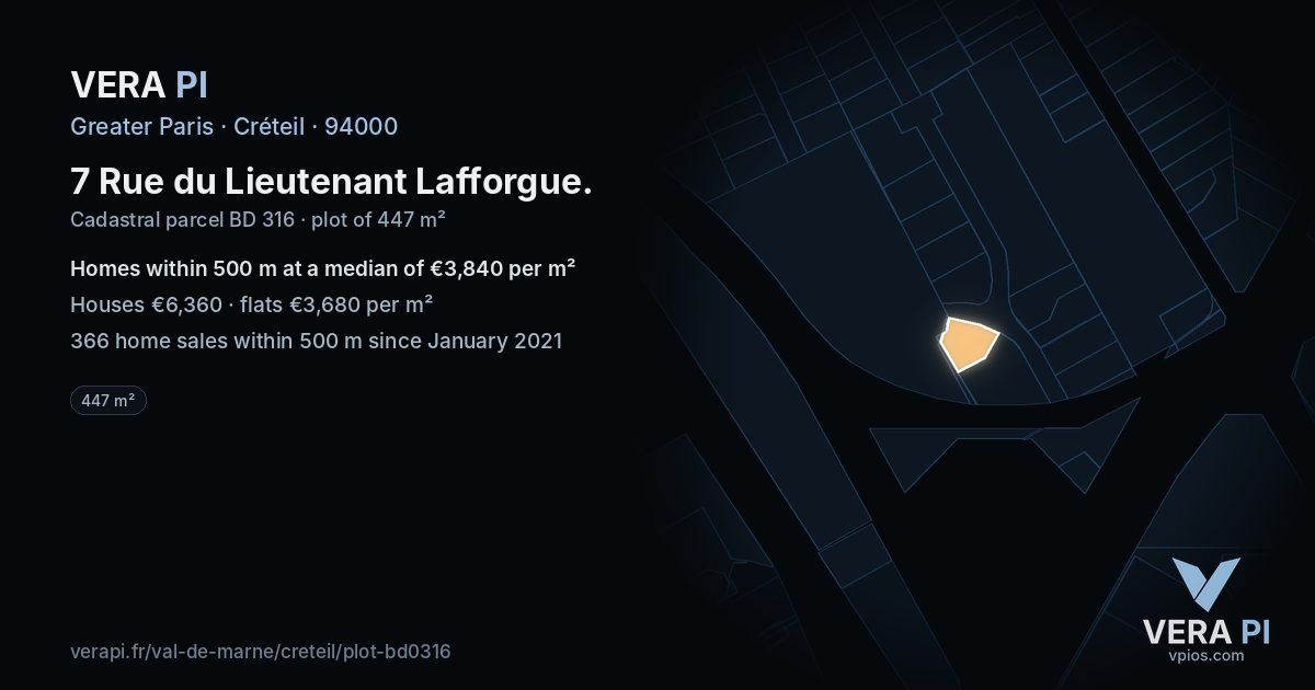7 Rue du Lieutenant Lafforgue, Créteil at night – the plot lit, the parcels around coloured by the prices near them
