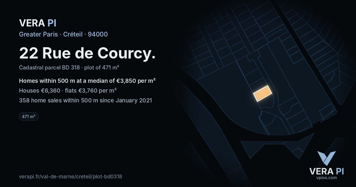 22 Rue de Courcy, Créteil at night – the plot lit, the parcels around coloured by the prices near them