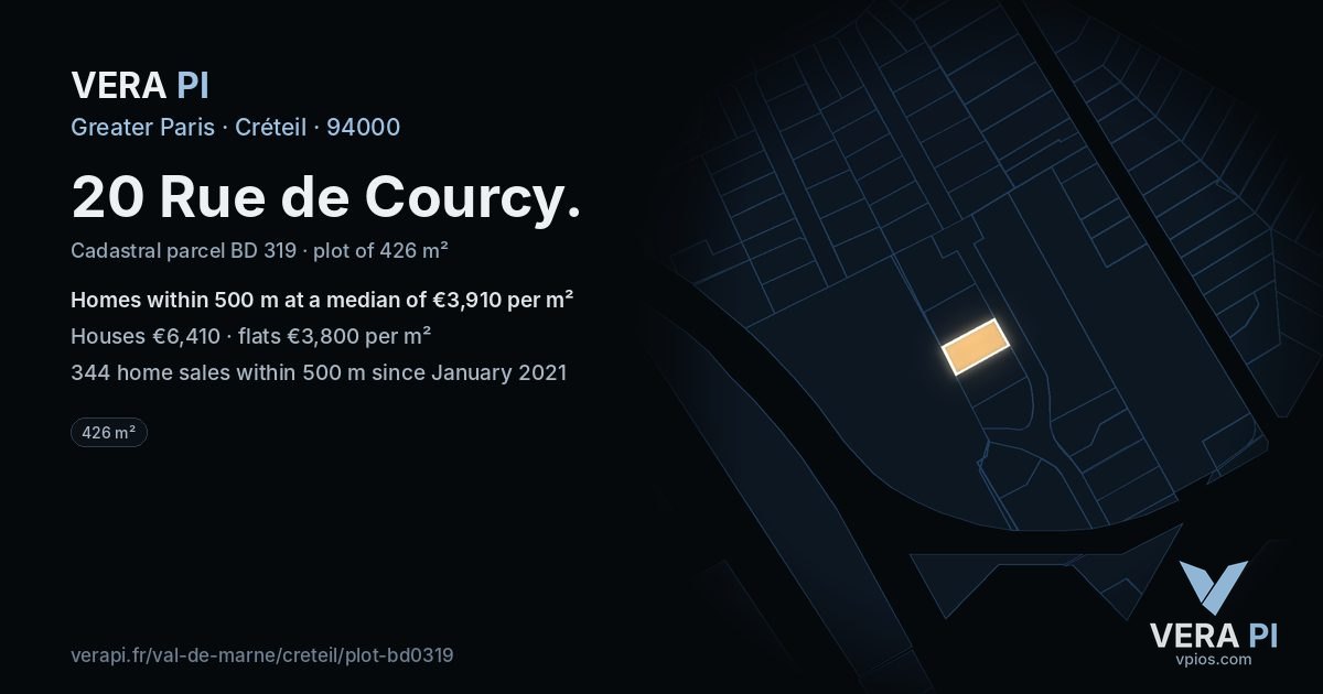 20 Rue de Courcy, Créteil at night – the plot lit, the parcels around coloured by the prices near them