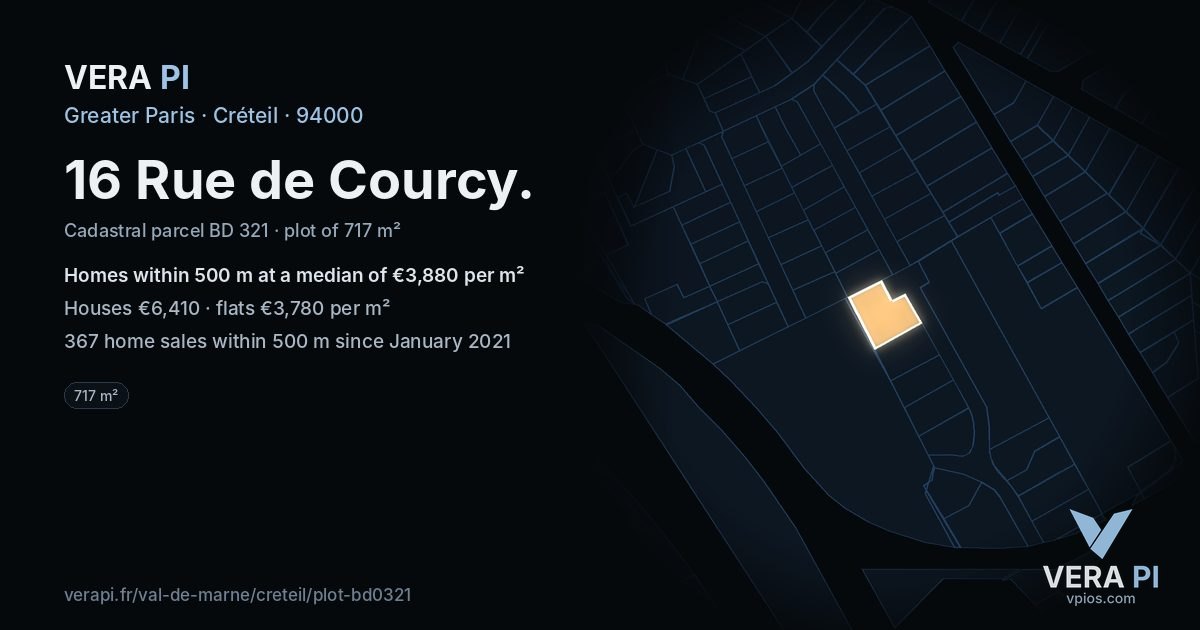 16 Rue de Courcy, Créteil at night – the plot lit, the parcels around coloured by the prices near them