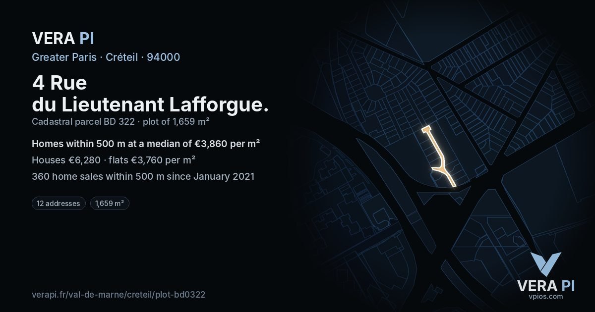 4 Rue du Lieutenant Lafforgue, Créteil at night – the plot lit, the parcels around coloured by the prices near them