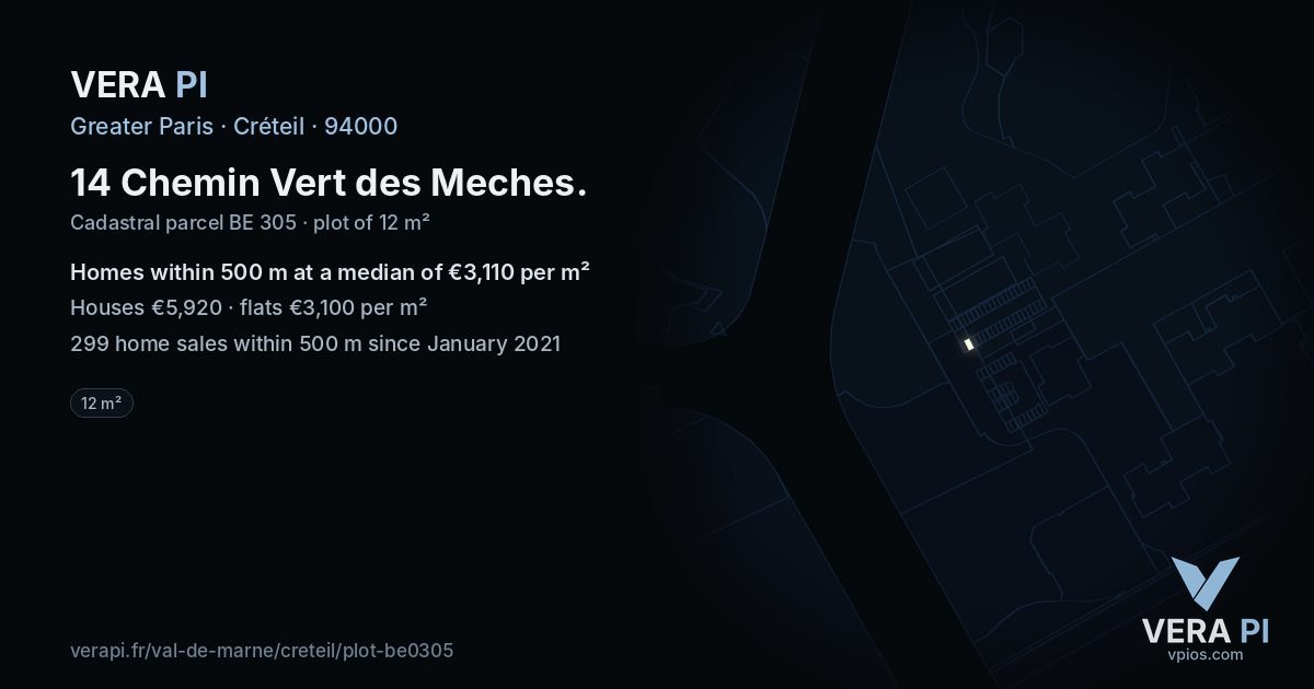 14 Chemin Vert des Meches, Créteil at night – the plot lit, the parcels around coloured by the prices near them