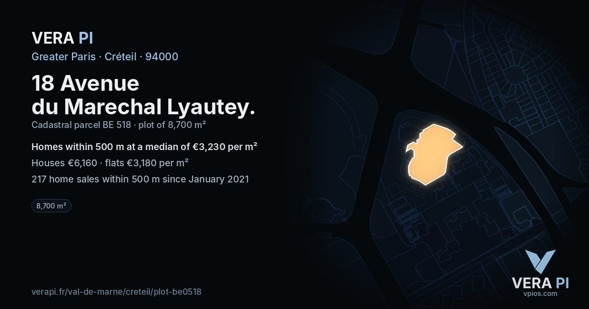 18 Avenue du Marechal Lyautey, Créteil at night – the plot lit, the parcels around coloured by the prices near them