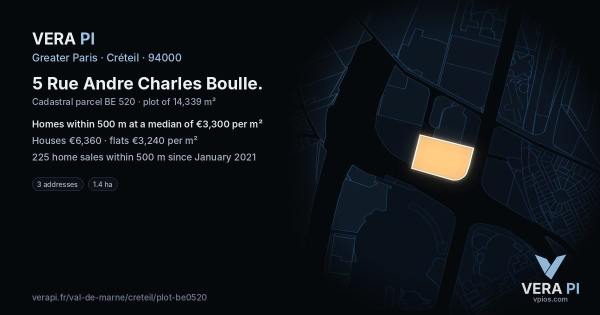 5 Rue Andre Charles Boulle, Créteil at night – the plot lit, the parcels around coloured by the prices near them
