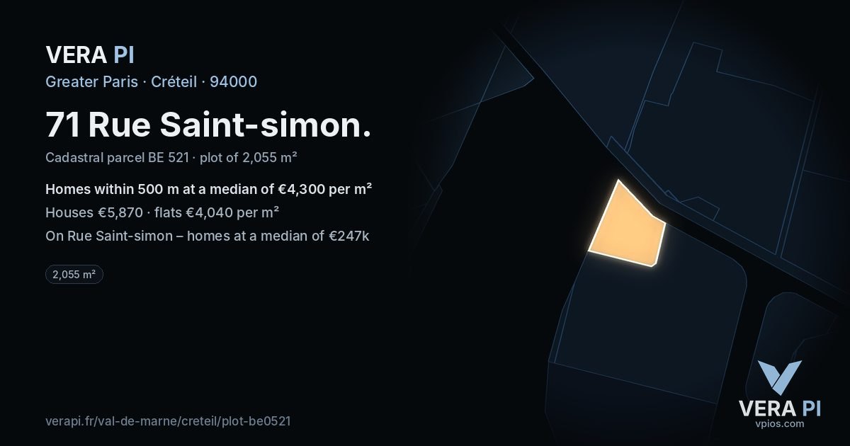 71 Rue Saint-simon, Créteil at night – the plot lit, the parcels around coloured by the prices near them