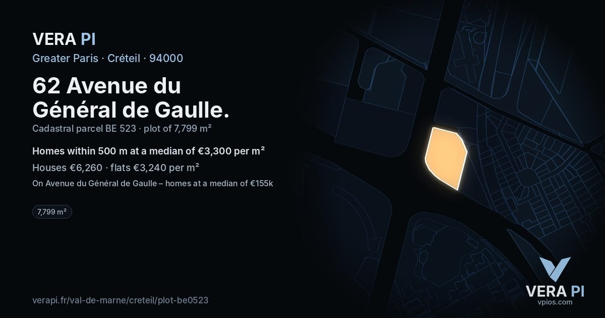 62 Avenue du Général de Gaulle, Créteil at night – the plot lit, the parcels around coloured by the prices near them