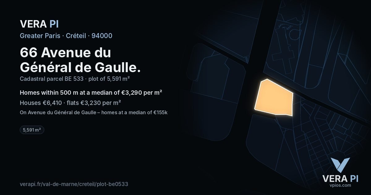 66 Avenue du Général de Gaulle, Créteil at night – the plot lit, the parcels around coloured by the prices near them