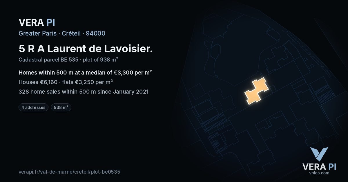 5 R A Laurent de Lavoisier, Créteil at night – the plot lit, the parcels around coloured by the prices near them