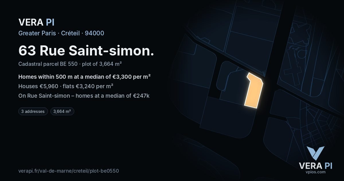 63 Rue Saint-simon, Créteil at night – the plot lit, the parcels around coloured by the prices near them
