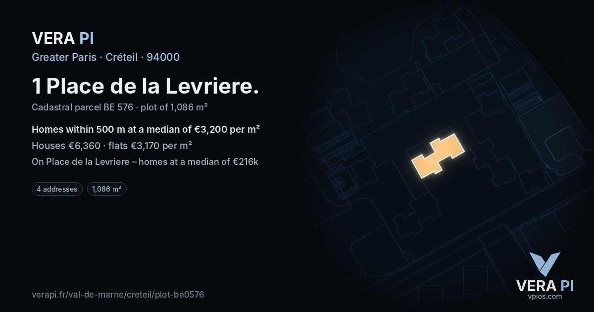 1 Place de la Levriere, Créteil at night – the plot lit, the parcels around coloured by the prices near them