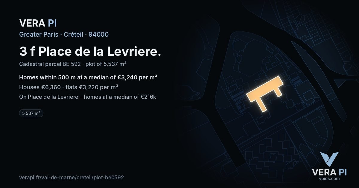 3 f Place de la Levriere, Créteil at night – the plot lit, the parcels around coloured by the prices near them