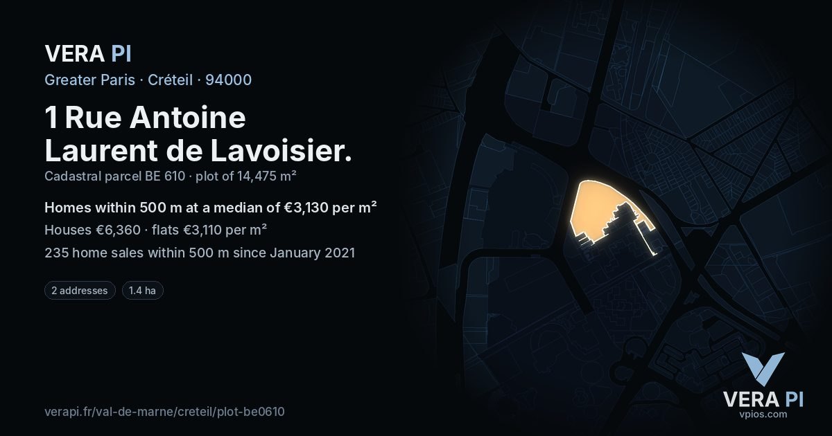 1 Rue Antoine Laurent de Lavoisier, Créteil at night – the plot lit, the parcels around coloured by the prices near them