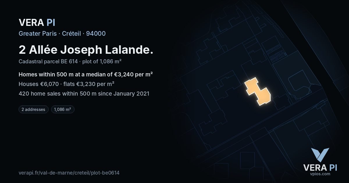 2 Allée Joseph Lalande, Créteil at night – the plot lit, the parcels around coloured by the prices near them