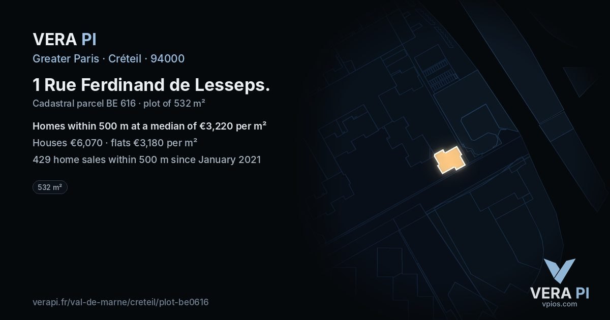 1 Rue Ferdinand de Lesseps, Créteil at night – the plot lit, the parcels around coloured by the prices near them