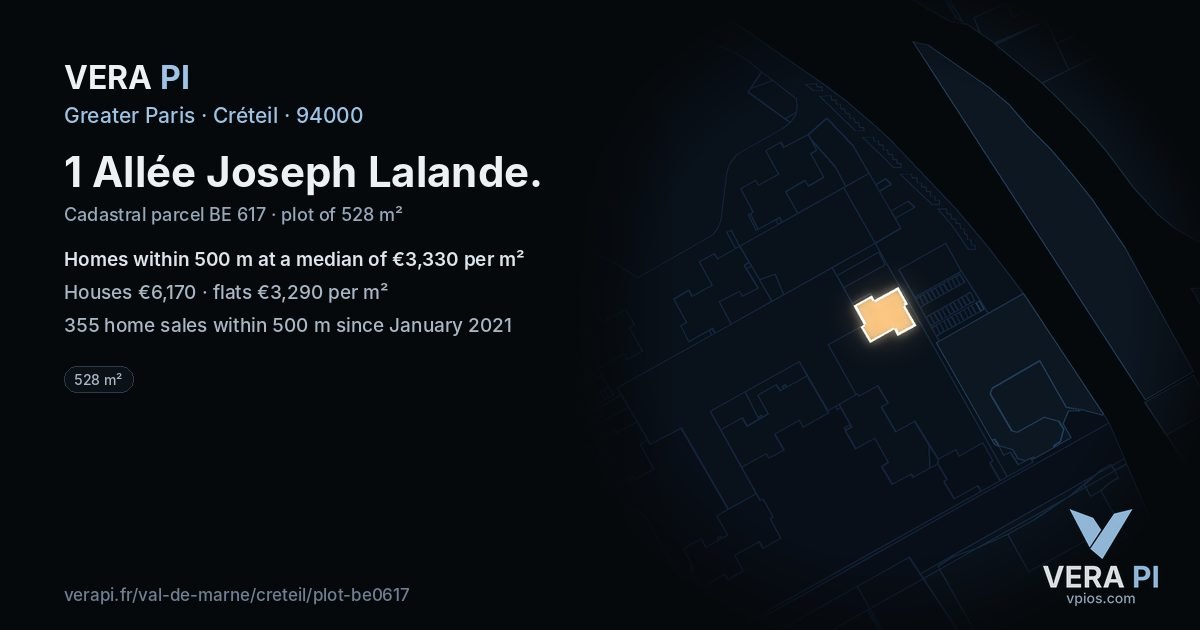 1 Allée Joseph Lalande, Créteil at night – the plot lit, the parcels around coloured by the prices near them