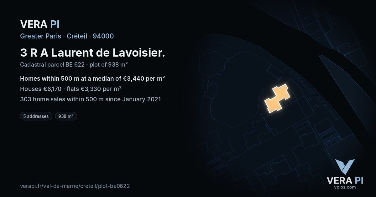 3 R A Laurent de Lavoisier, Créteil at night – the plot lit, the parcels around coloured by the prices near them
